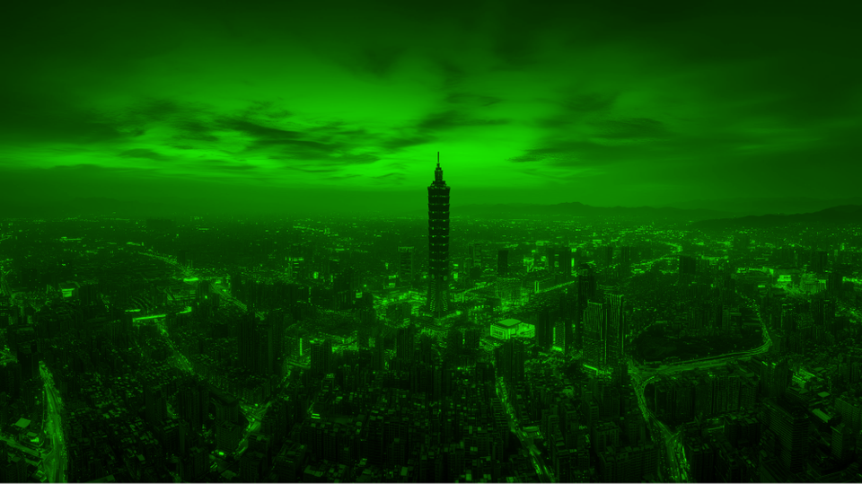 Taipei skyline shrouded by an ominous and unnaturally green storm